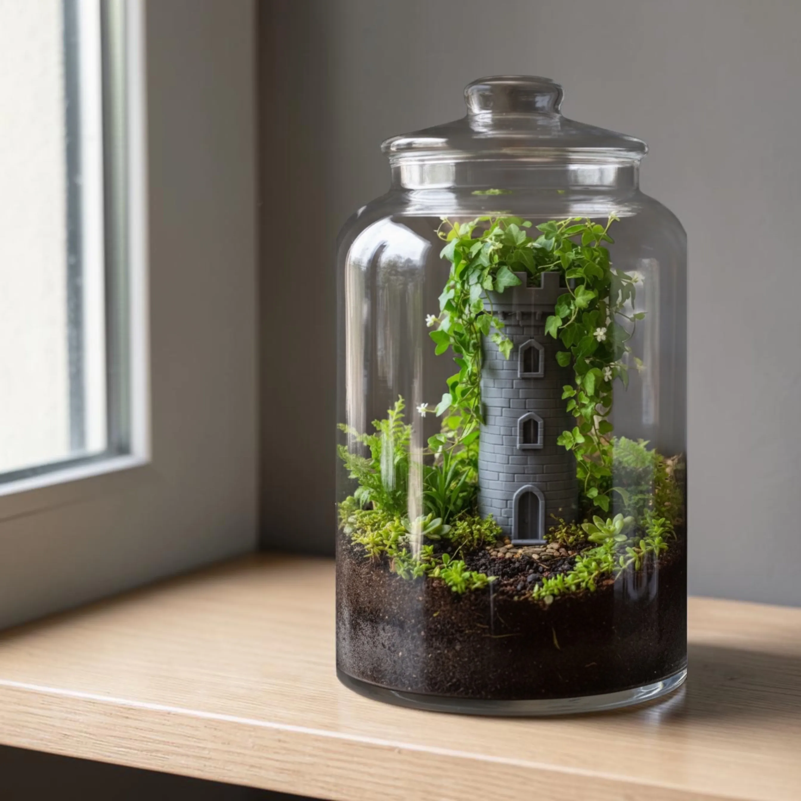 A closed lidded glass jar terrarium planted with ferns, ivy, and moss around a miniature castle tower